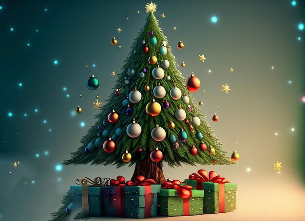 Foto Árbol de navidad de fantasía con regalos celebrando la feliz navidad de fondo