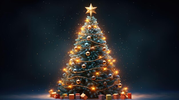 Un árbol de Navidad festivo adornado con adornos de luces centelleantes y una estrella brillante en la parte superior