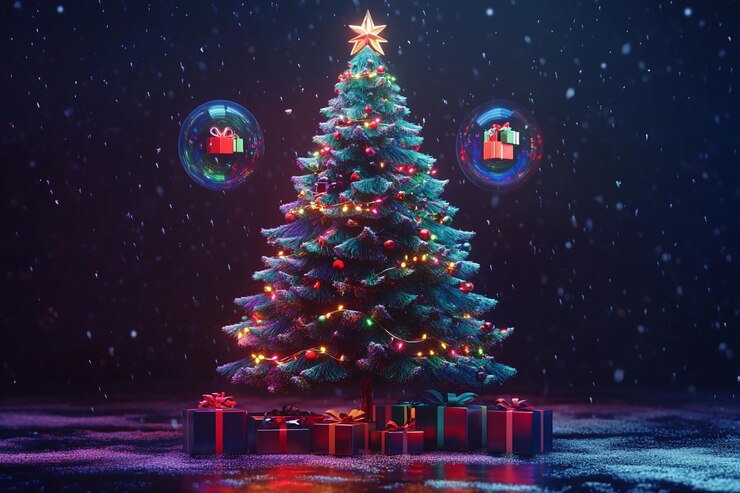 Árbol de Navidad festivo adornado con luces y regalos coloridos en un entorno invernal IA generativa