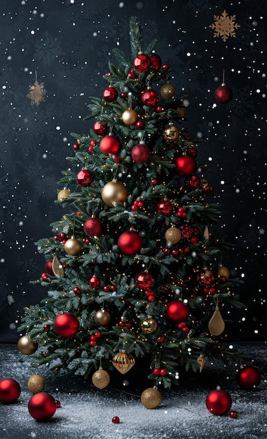 Árbol de Navidad festivo decorado con adornos rojos y dorados en un entorno nevado