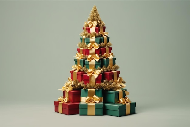 Foto Árbol de navidad festivo hecho de cajas de regalos apiladas con arcos de oro