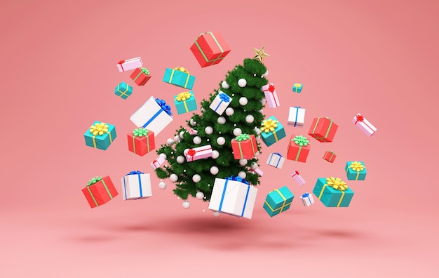 Foto Árbol de navidad flotando con un montón de cajas de regalo sobre fondo de estudio