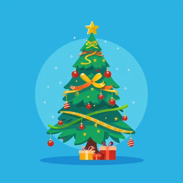 un árbol de Navidad con un fondo azul con una persona leyendo un libro