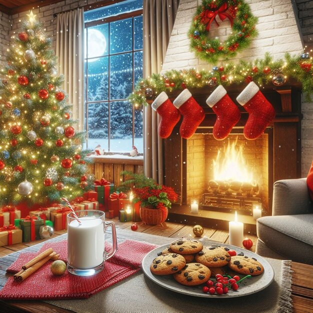 Foto un árbol de navidad está en el fondo de una chimenea con una chimenea y un árbol de navidad en el fondo