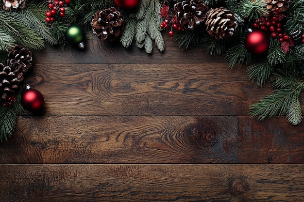 Un árbol de Navidad con un fondo de madera oscura con un árbol de navidad y adornos