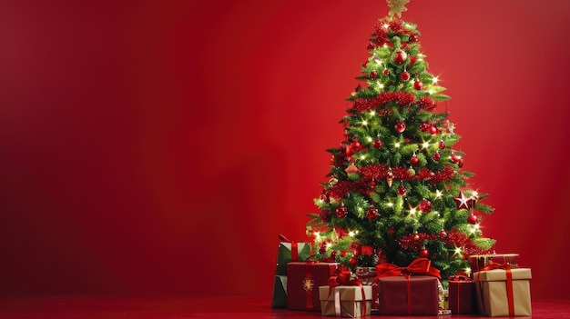 Árbol de Navidad en el fondo de una pared vacía roja