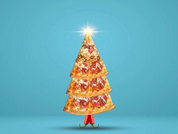 Árbol de navidad en forma de pizza idea sobre fondo azul feliz navidad concepto feliz navidad