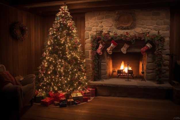 Un árbol de navidad frente a una chimenea con un árbol de navidad iluminado en primer plano.