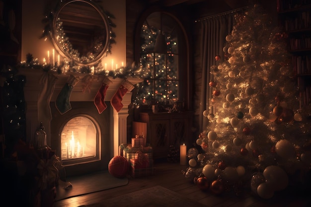 Un árbol de navidad frente a una chimenea con una chimenea encendida y adornos navideños.