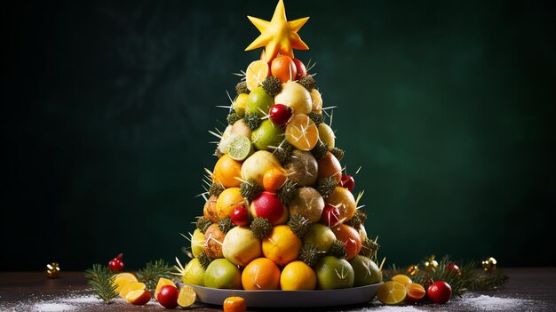 Un árbol de Navidad de frutas tropicales adornado con rebanadas de mango, trozos de coco y bringi de fruta de la pasión