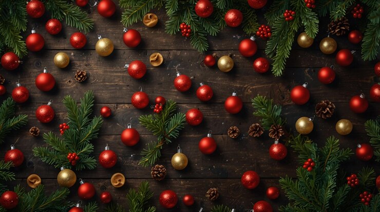 un árbol de Navidad con una guirlanda de bolas rojas y doradas en un fondo de madera