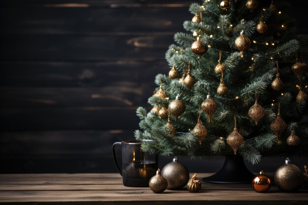 Un árbol de Navidad con una guirlanda de oro brumoso en el fondo y una mesa de madera en el frente. Alegoría navideña. Para sus productos navideños, cree un montaje o una imagen de exhibición.