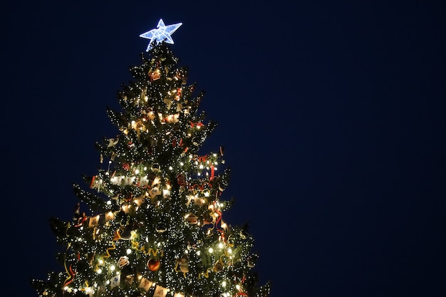 Árbol de Navidad con guirnaldas de luces y adornos contra un cielo nocturno azul oscuro