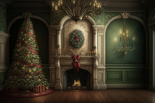 Un árbol de navidad en una habitación con chimenea y un árbol de navidad en la chimenea.