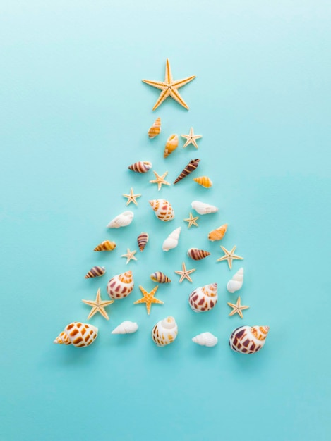 Un árbol de Navidad hecho de conchas y estrellas de mar está colocado sobre un fondo azul