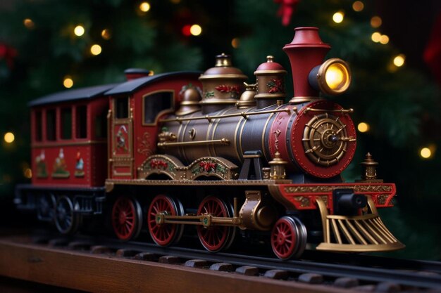 Foto Árbol de navidad hecho de madera con un ferrocarril de madera y un tren de vapor rojo