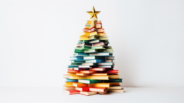 Foto Árbol de navidad hecho de pilas de libros libros coloridos en forma de árbol de navidad sobre fondo blanco fondo creativo de navidad en estilo minimalista venta de libros de vacaciones lectura navideña