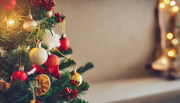 árbol de navidad con hermosas decoraciones en víspera de navidad