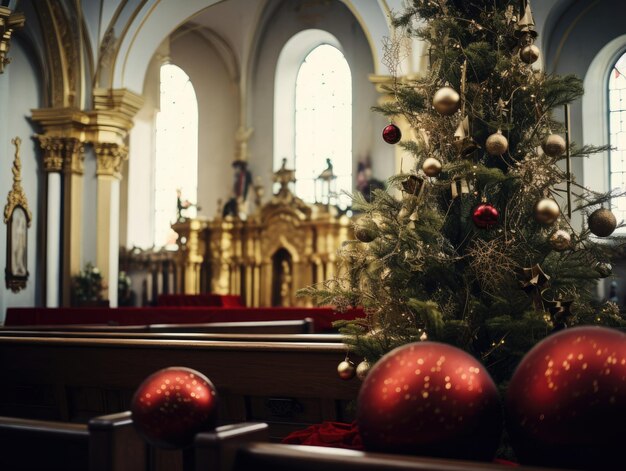 árbol de Navidad en una iglesia con una joya roja y una gran pelota roja en primer plano.