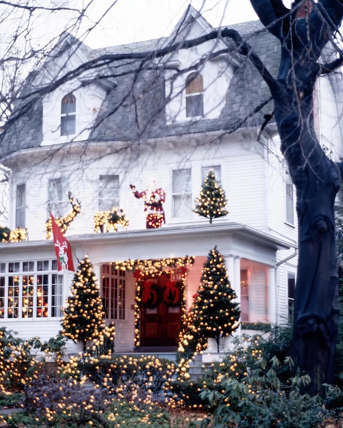 Árbol de Navidad iluminado adornando una ventana de un edificio durante la temporada festiva