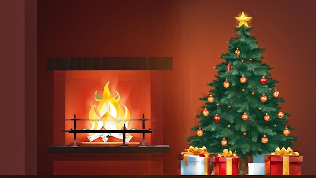 Árbol de Navidad iluminado y chimenea festiva