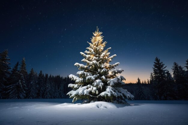 Árbol de Navidad iluminado en una noche nevada