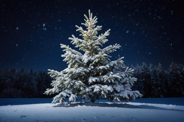 Foto Árbol de navidad iluminado en una noche nevada