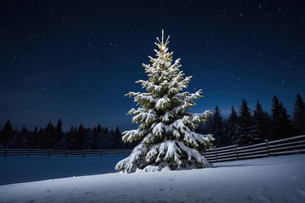 Árbol de Navidad iluminado en una noche nevada