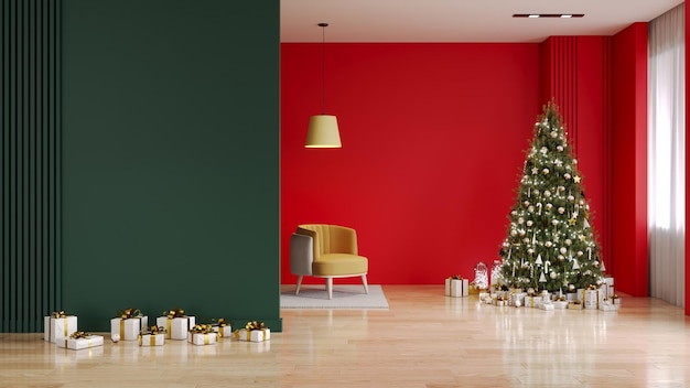 Foto Árbol de navidad y interior de la sala de estar con fondo de navidad año nuevo pared verde y blanca renderización 3d