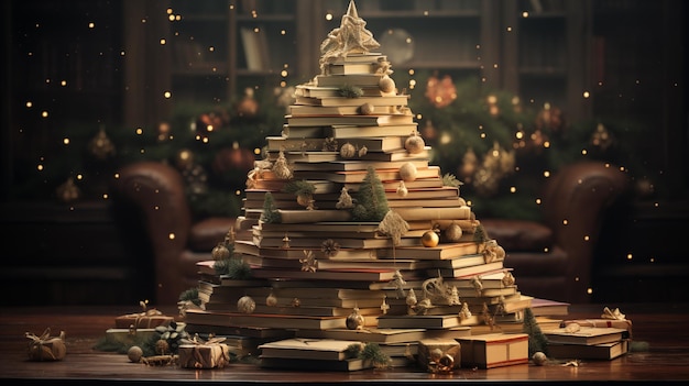 Un árbol de Navidad inusual hecho de libros se encuentra en la sala de estar