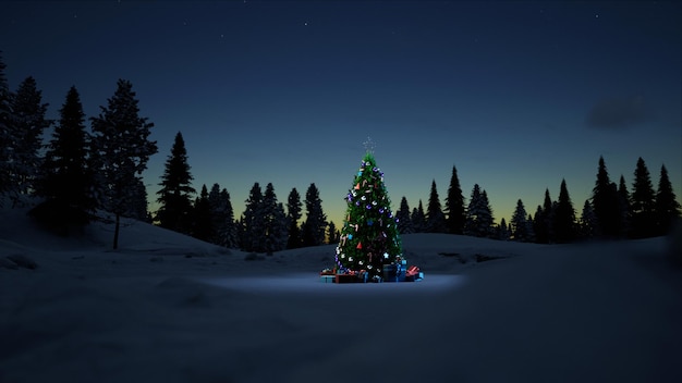 Foto Árbol de navidad con juguetes de año nuevo, decoraciones y regalos en un bosque nevado en vísperas de año nuevo