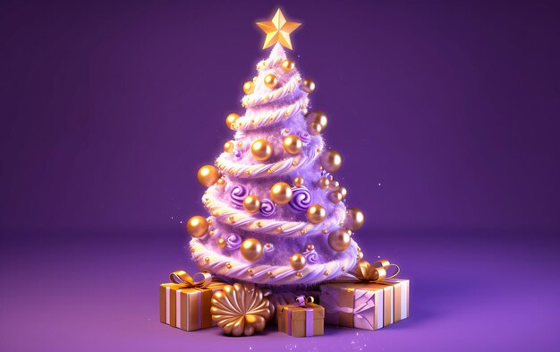 Árbol de Navidad lindo y 3D con cajas de regalo y decoraciones en púrpura y dorado IA generativa