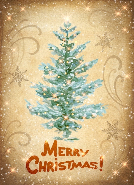 Árbol de Navidad con linternas brillantes y texto de saludo ilustración en acuarela en fondo vintage tarjeta dibujada a mano con abeto de invierno para la celebración de vacaciones de Año Nuevo tarjeta postal retro