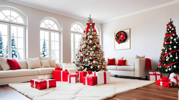Foto Árbol de navidad lleno de regalos con luces en la habitación