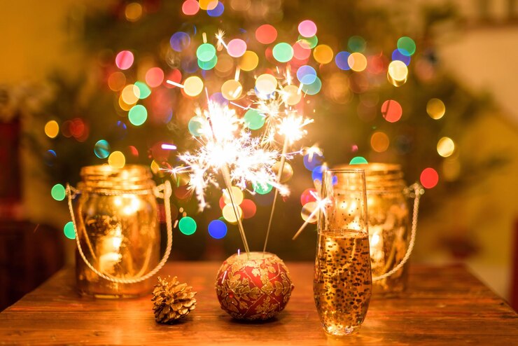 Foto un árbol de navidad con luces y bengalas en el fondo.