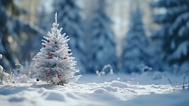 Árbol de Navidad con luces en el bosque invernal con nieve en la helada noche de Navidad Hermoso paisaje de vacaciones de invierno