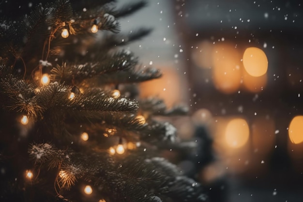 Un árbol de Navidad con luces y una casa al fondo.