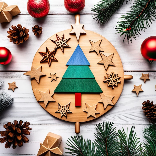 Foto Árbol de navidad de madera y decoración para las vacaciones de invierno