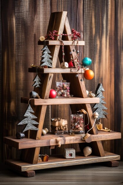 Árbol de navidad de madera rústica con decoraciones hechas a mano creadas con ai generativo