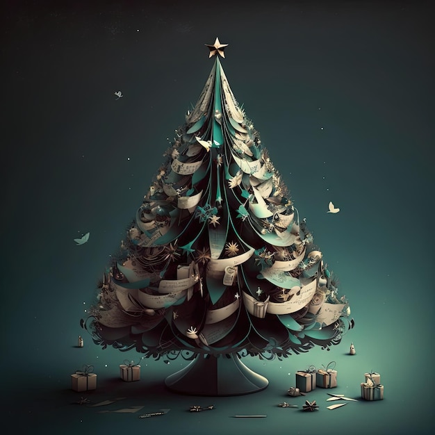 Un árbol de navidad con un montón de papel encima.