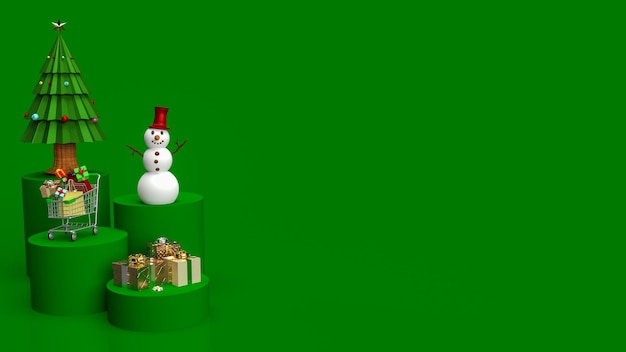 El árbol de Navidad y el muñeco de nieve en tono de color verde para vacaciones o concepto de negocio representación 3D