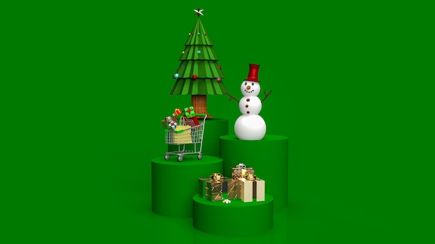 El árbol de Navidad y el muñeco de nieve en tono de color verde para vacaciones o concepto de negocio representación 3D