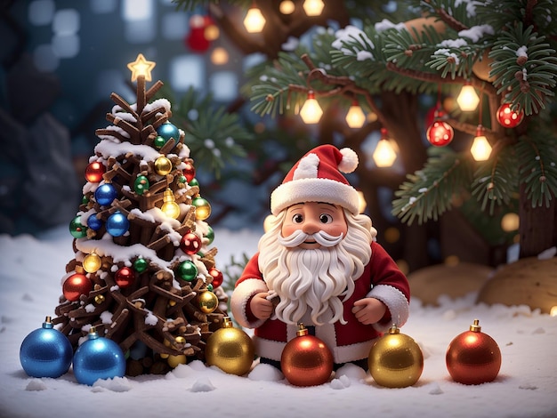 El árbol de Navidad nevado al aire libre está decorado con muchos adornos.