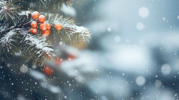 Árbol de Navidad nevado en un fondo de invierno con copyspace de primer plano