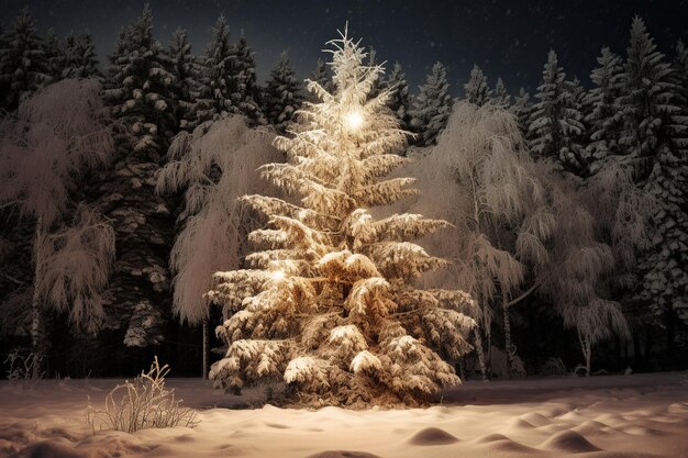 Un árbol de navidad nevado en la nieve con las luces encendidas