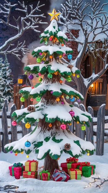 Árbol de Navidad nevado País de las Maravillas Un árbol de Navidad hermosamente adornado se encuentra majestuosamente en un sereno