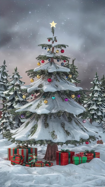 Árbol de Navidad nevado País de las Maravillas Un árbol de Navidad hermosamente adornado se encuentra majestuosamente en un sereno