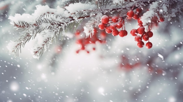 Foto Árbol de navidad nevado con ramas de rowan en un fondo de invierno con copyspace de primer plano