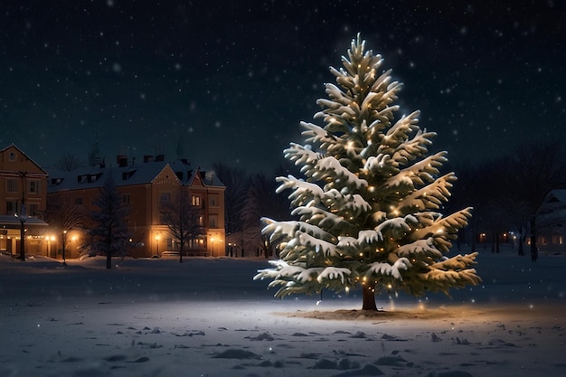 Árbol de Navidad en la nieve Árbol de navidad en la ciudad nocturna