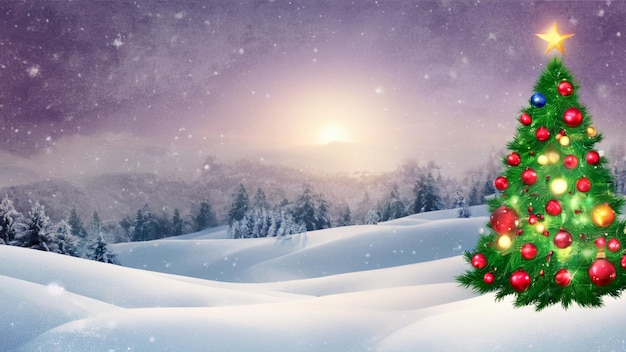 un árbol de Navidad en la nieve con un árbol de navidad en el fondo